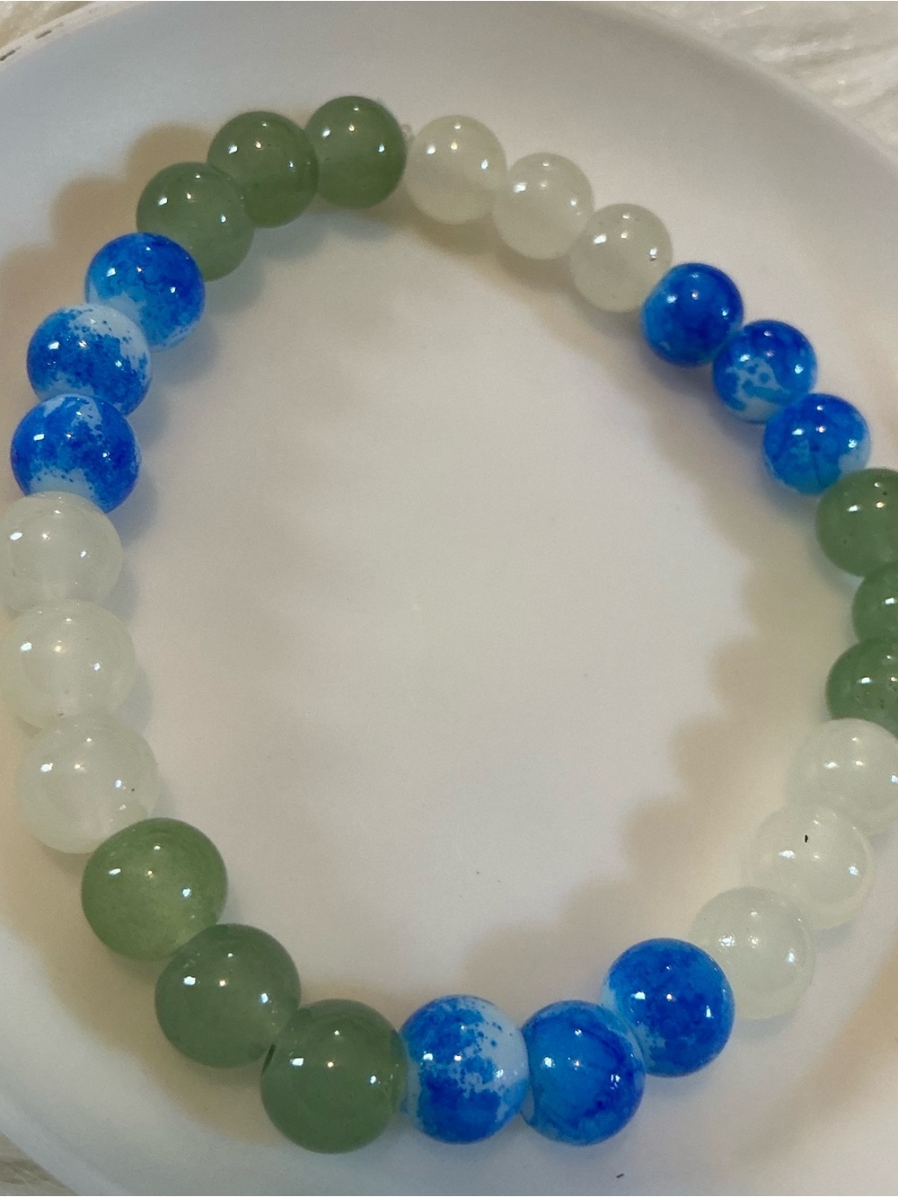Pretty blue, green, and white bead bracelet